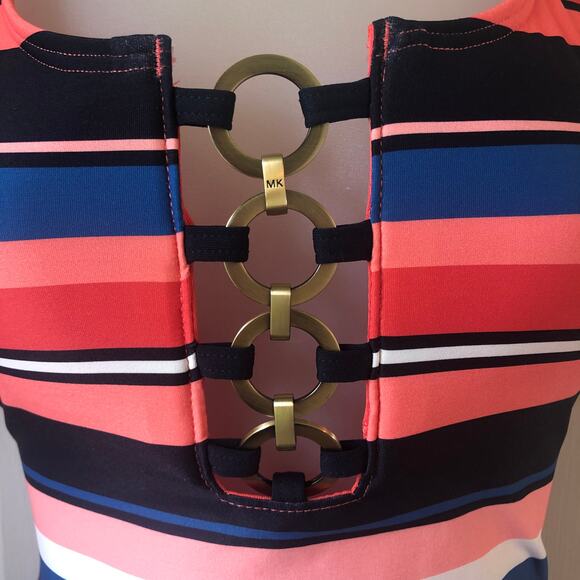 MICHAEL Michael Kors Retail $126 Striped Chain One Piece Swimsuit Size 10 - Picture 2 of 7